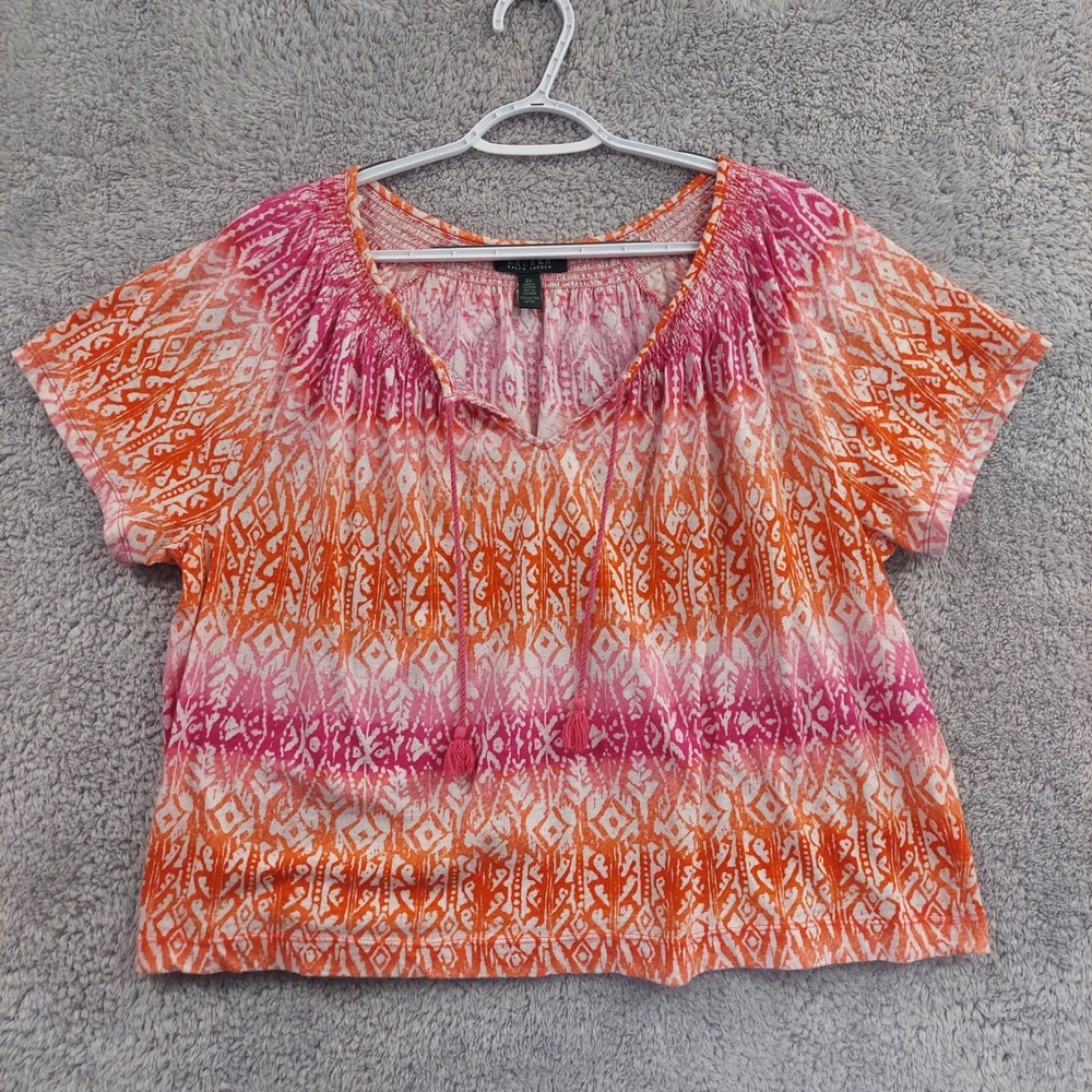 Lauren Ralph Lauren Ikat Blouse Womens 2X Multi Color Tassel V Neck Cotton Shirt